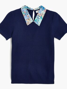 J. Crew Navy V-Neck Short-Sleeve Sweater with Floral Contrast Collar